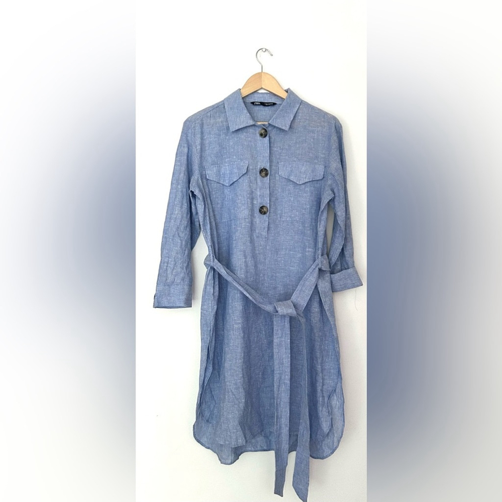 Zara linen cotton blend Shirt Dress Blue Button-Up belter striped small - Picture 5 of 9